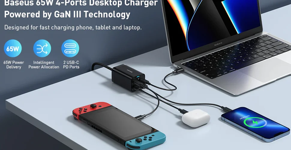 CCGP040101 Baseus GaN3 Pro 4 Ports Desktop Charger 65W EN1